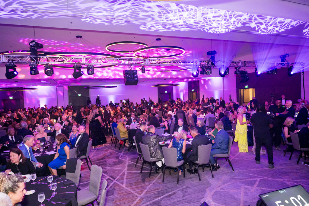 Wide view of the ballroom filled with gala guests