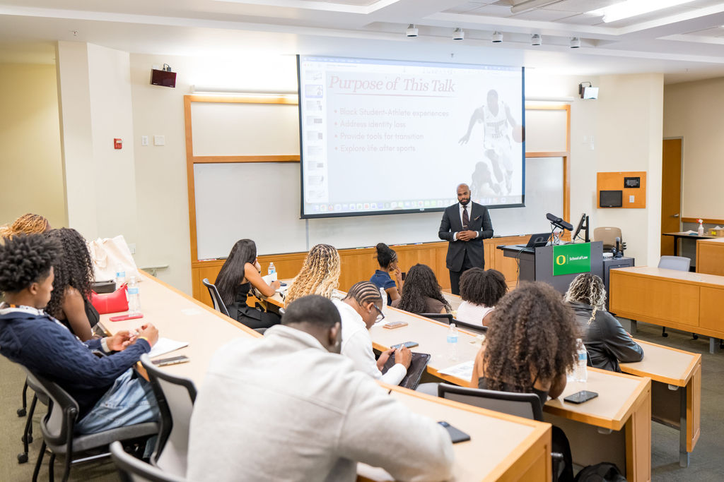 Wide view of a session in the University of Oregon School of Law classroom