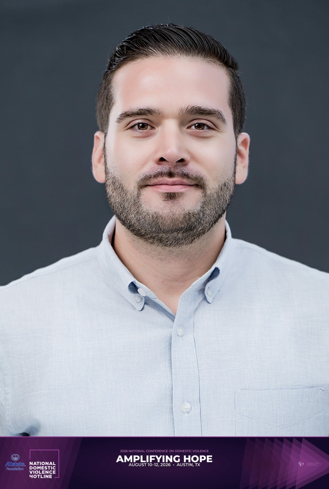 Branded conference headshot example 3 with event logo bar