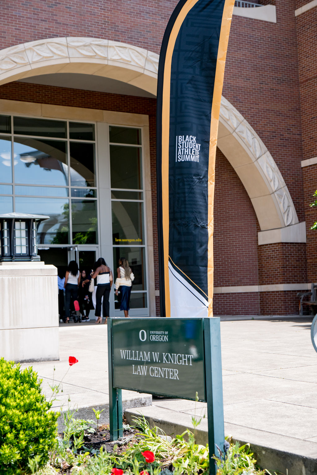 Black Student Athlete Summit banner outside the William W. Knight Law Center