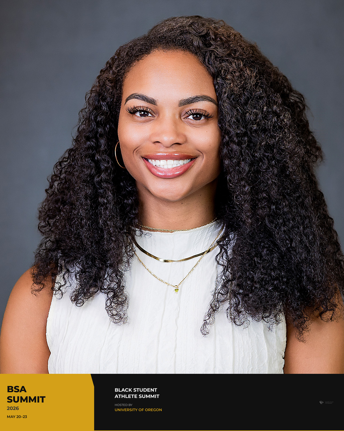 Branded conference headshot example 4 with event logo bar